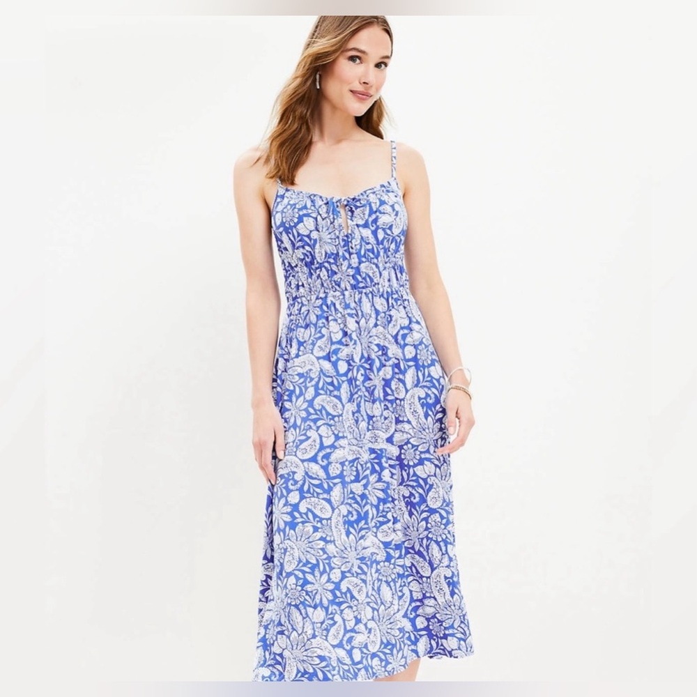 LOFT Blue and White Floral Paisley Midi Dress